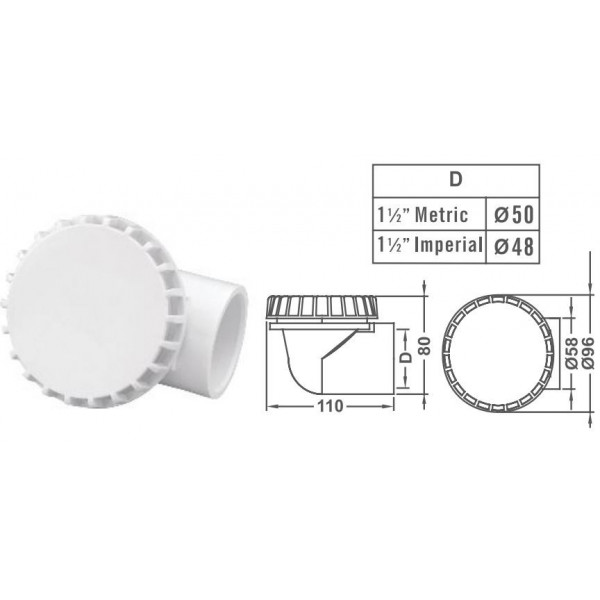 EM3822B Suction Drain Ell Body Connection 1.5" Color White Emaux Emaux - 1