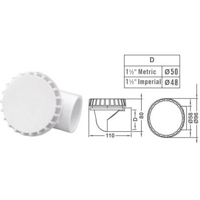 EM3822B Suction Drain Ell Body Connection 1.5" Color White Emaux