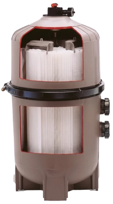 ภาพตัดขวางโครงสร้างถังกรองและแผ่นกรองผ้า Hayward DE Element Filter