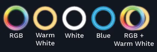 ตัวเลือกสีไฟ RGB, Warm White, Blue, และ RGB+Warm White